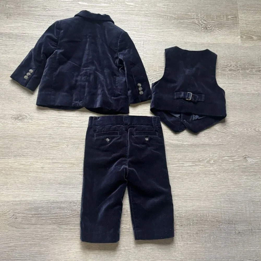Janie and Jack Boys 6-12M Blue Velvet Suit 3pc Blazer Vest Pants